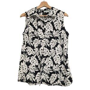Talbots Black White Leaf Sleeveless Top Wrinkle Resistant Womens Size 12 *READ